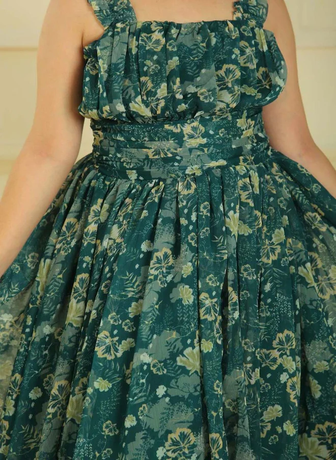 Luxe & Hardy فستان ميدي أخضر مطبوع عليه زهور للبنات، بتصميم ضيق من الأعلى وواسع من الأسفل، مكشكش أو مطوي